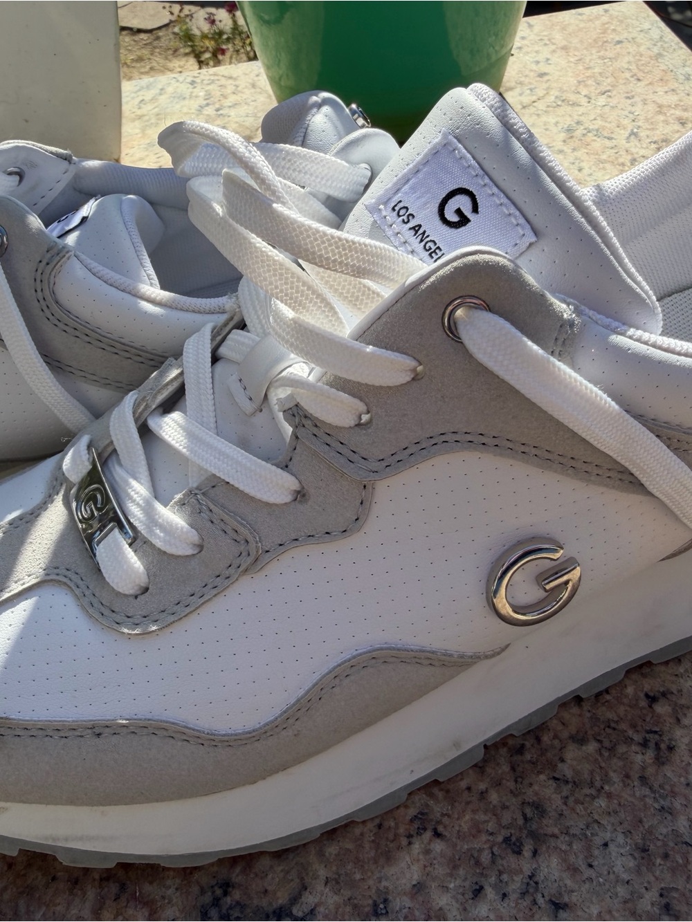 GBG Los Angeles White & Light Gray Women's Sneakers with Metallic G Accent